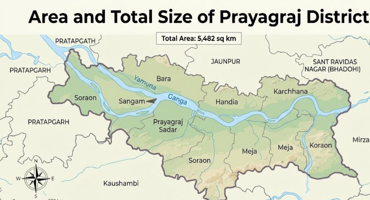 Prayagraj district map showing total area and boundaries